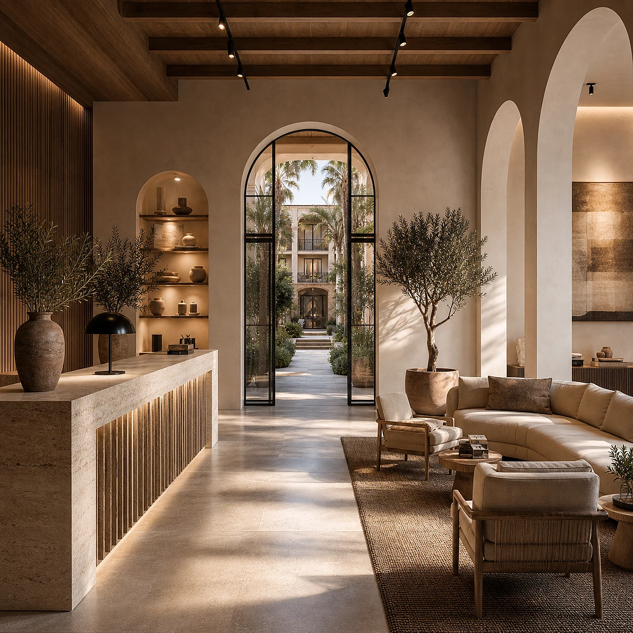 Branded residence lobby with a fluted reception desk and a courtyard beyond