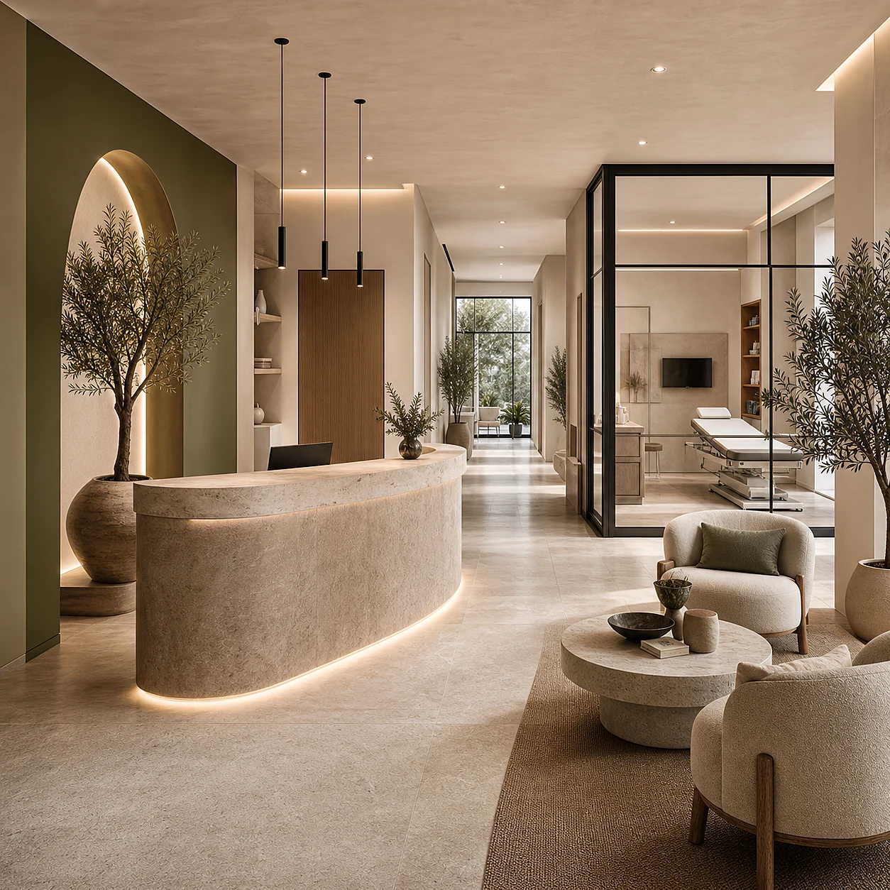 Clinic reception and waiting area with a curved desk and a glazed treatment room