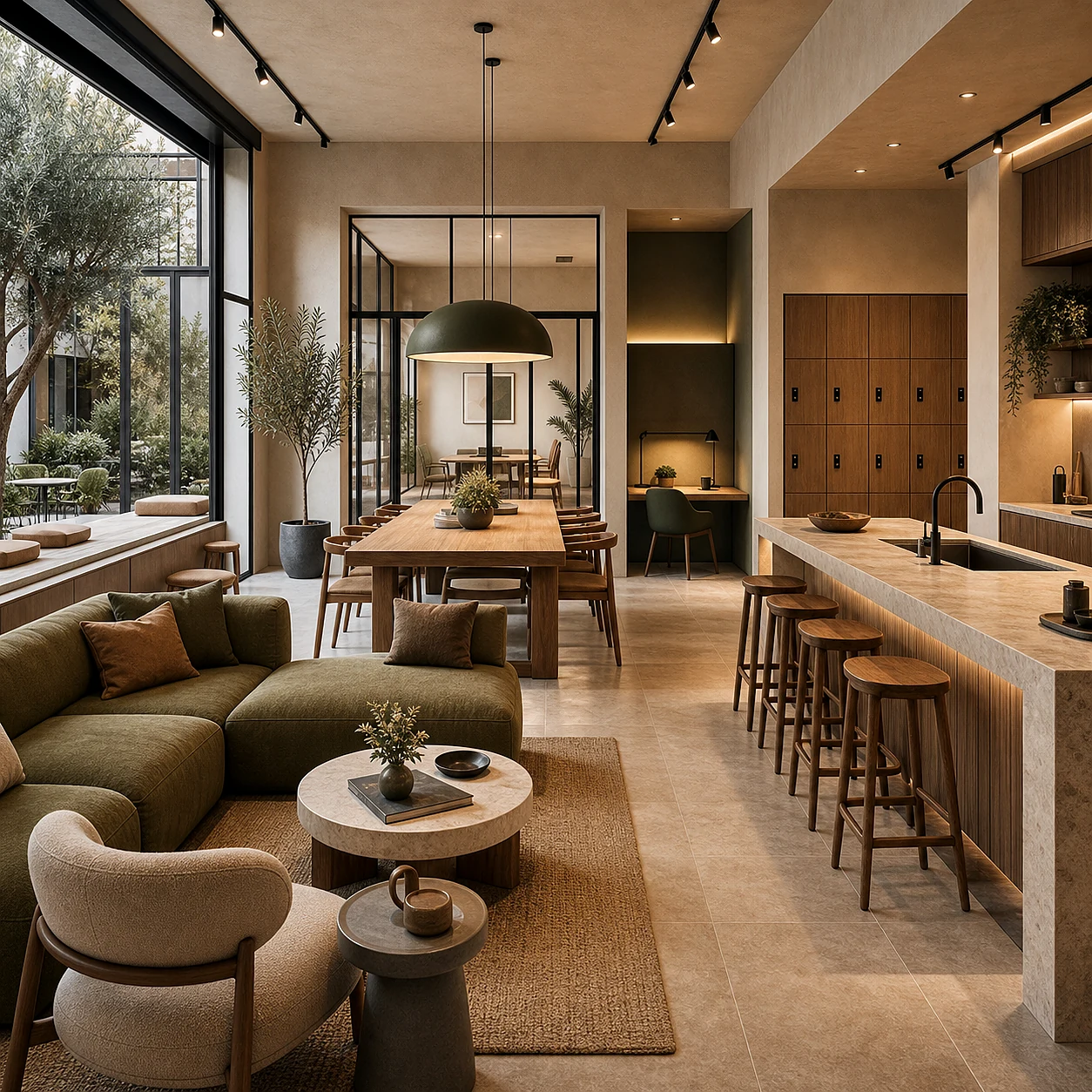Coliving shared kitchen and lounge with a long dining table and soft seating
