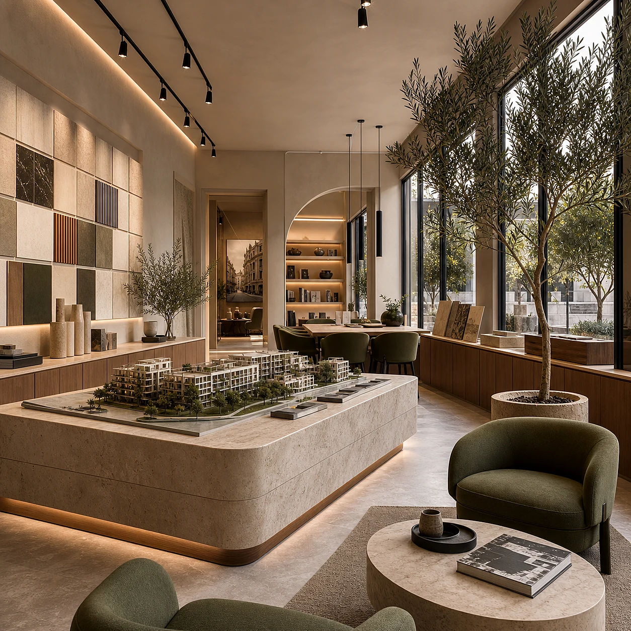 Sales suite with a scheme model on a plinth and a seating area for buyers