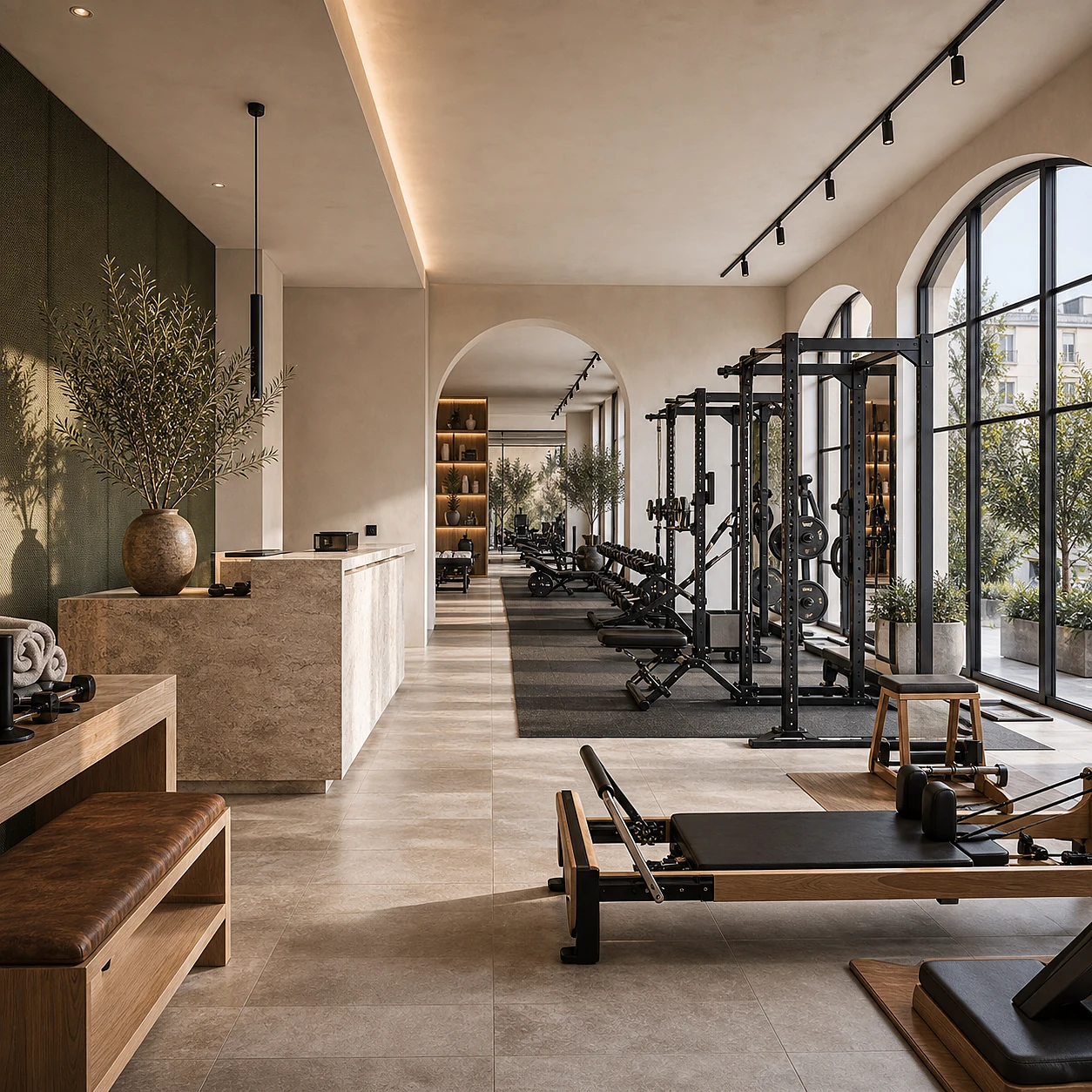 Boutique gym floor with reformer machines, a training rig and arched windows