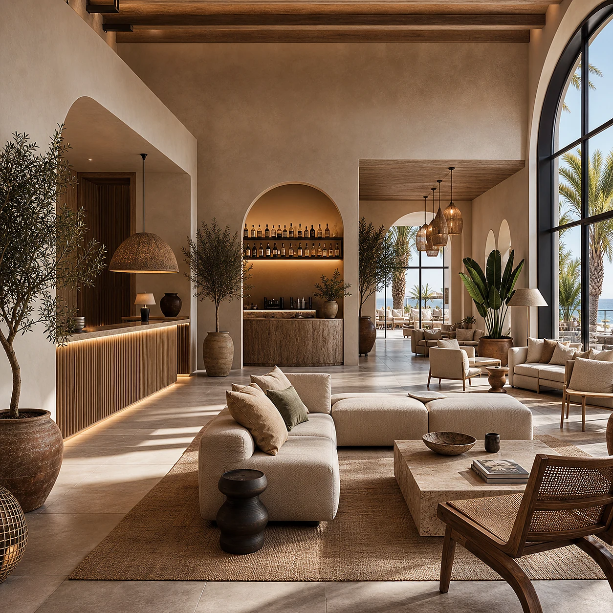 Hotel lobby lounge with arched openings, layered lighting and soft seating