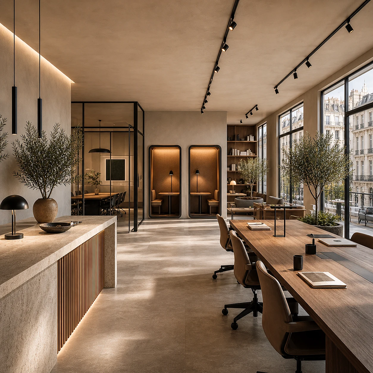 Open plan office with a long shared desk, meeting booths and full height windows