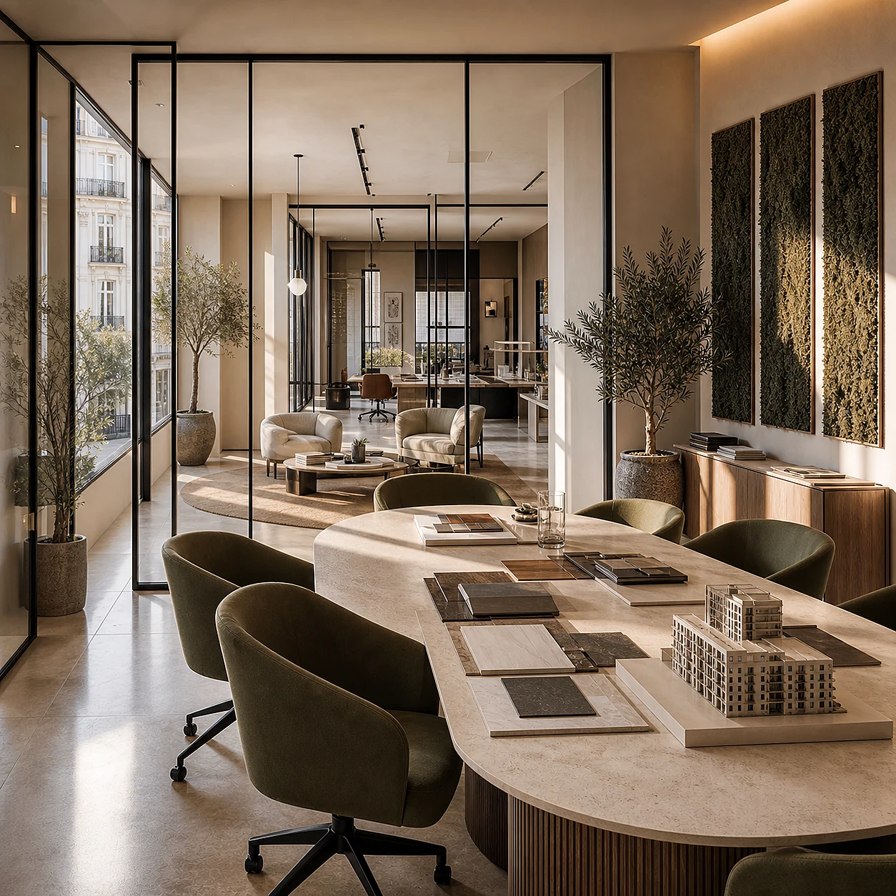 Professional firm meeting room with a long table and a scheme model