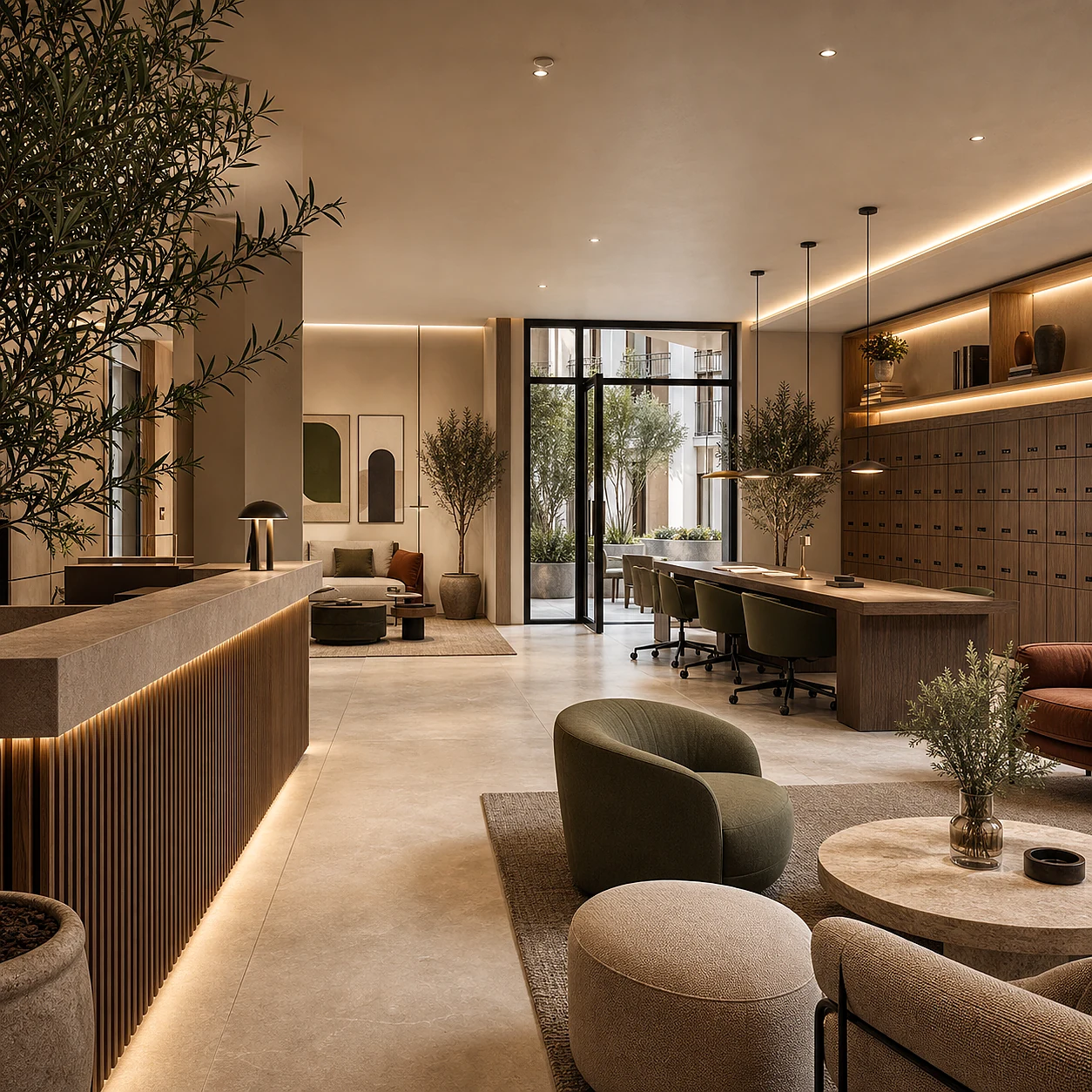 Residential building lounge with a concierge desk, a workspace and parcel lockers
