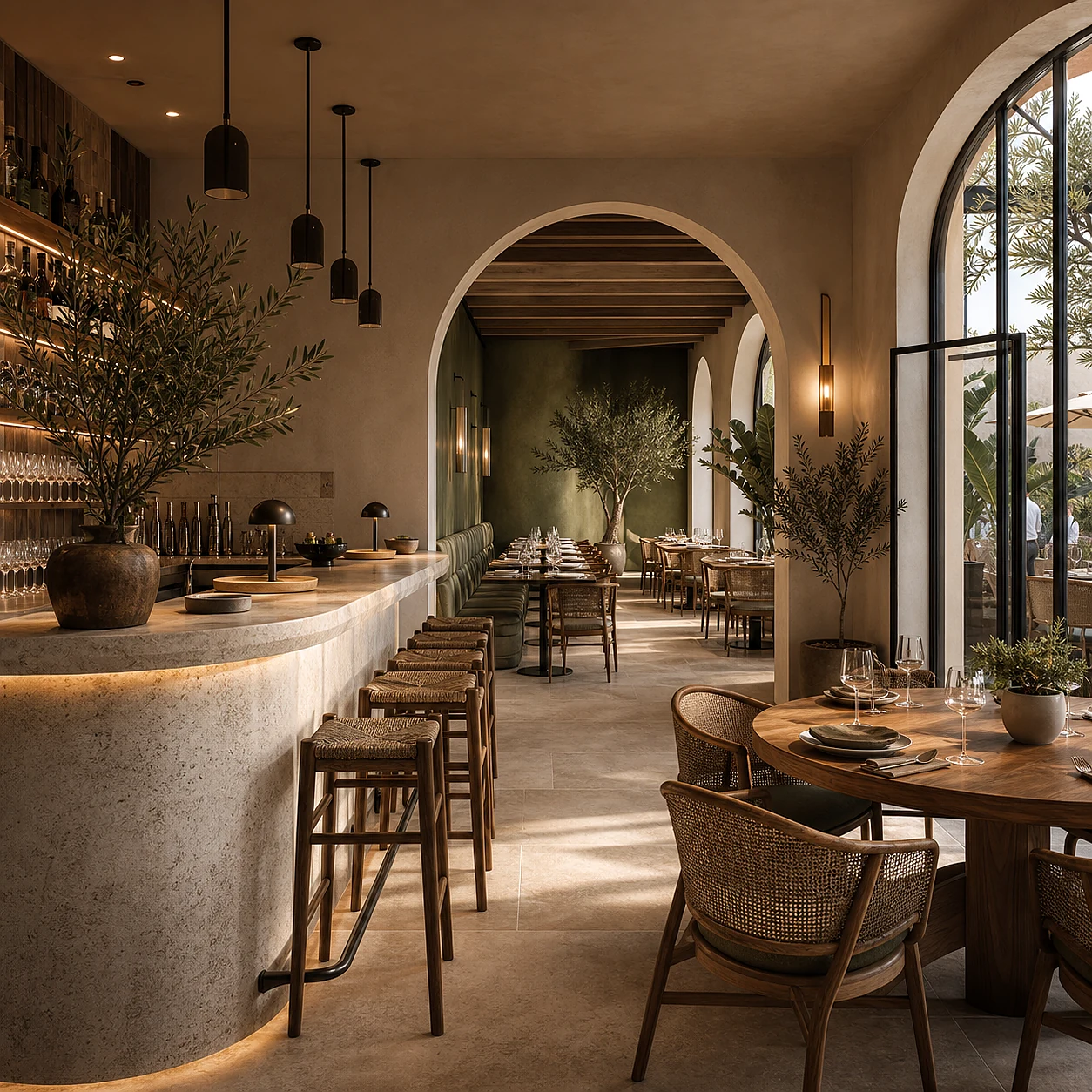 Restaurant interior with a long bar, arched windows and dining tables