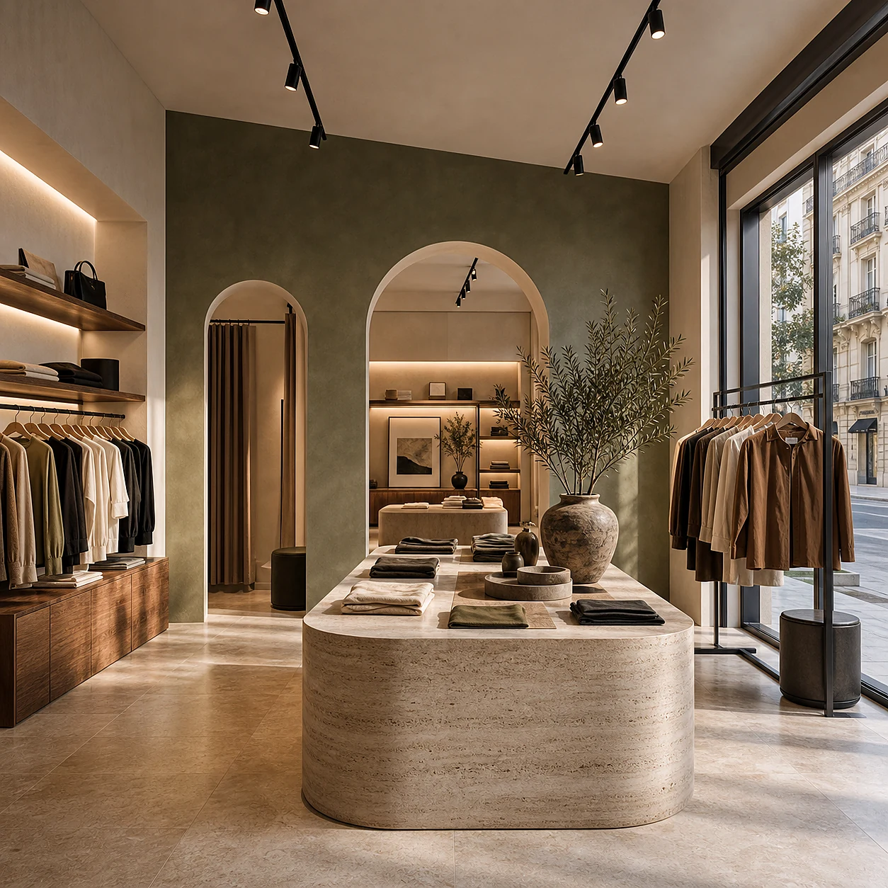 Retail interior with a central display plinth, clothing rails and an arched alcove