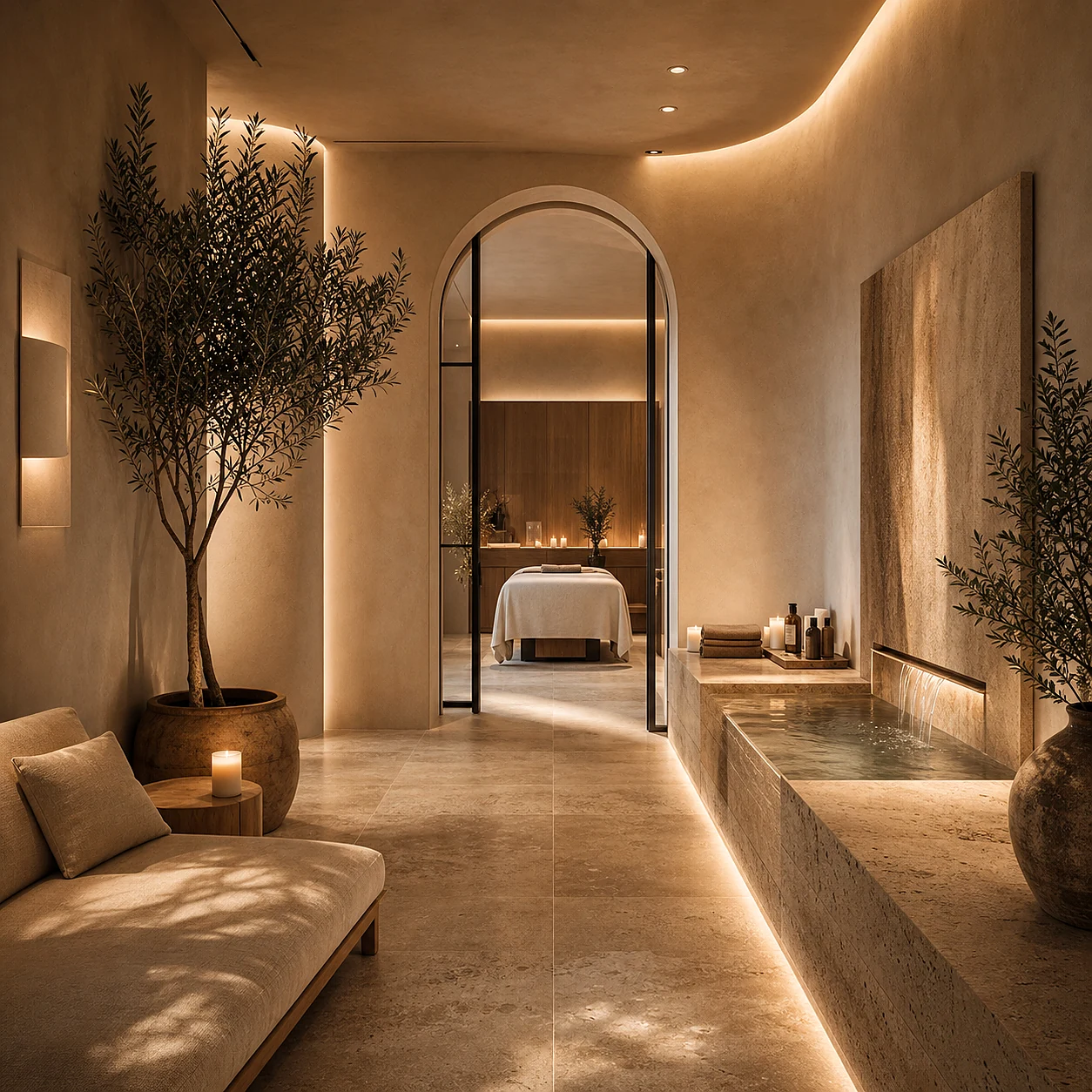 Spa corridor with a water feature, a daybed and a treatment room beyond