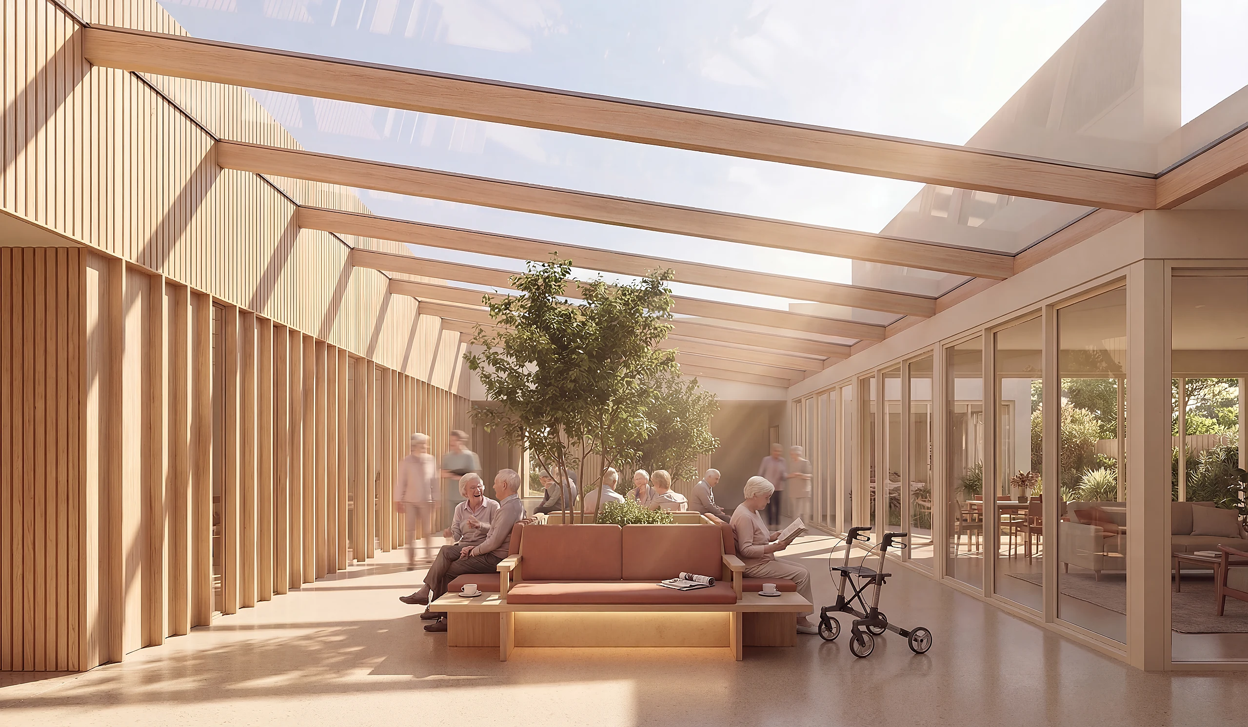 Daylit communal gallery with planting, seating and people using the space